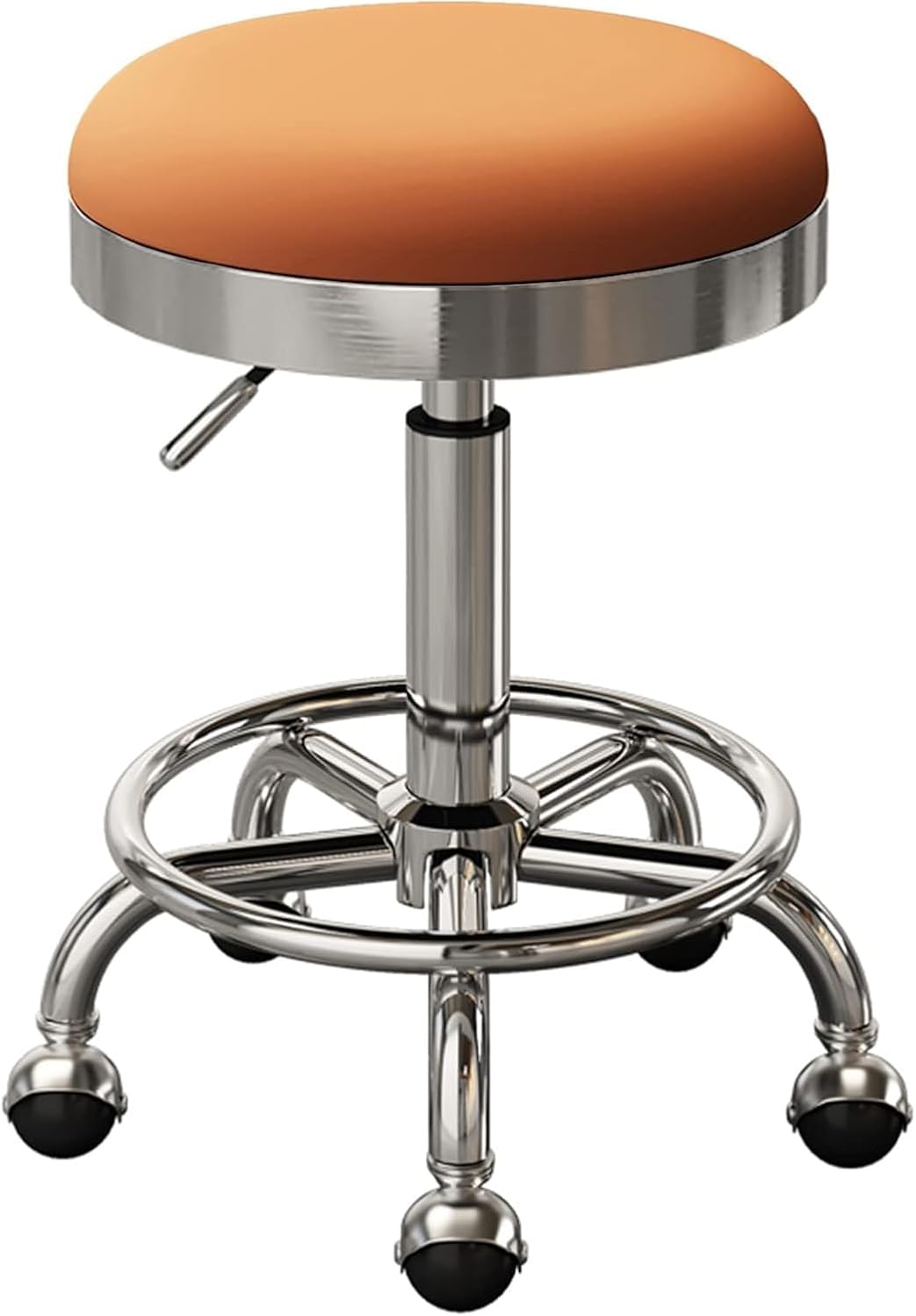 Round Roll Bar Stool with Swivel Earth Wheels, Beauty Salons Counter Medical Chair, Soft Seat & Silver Metal Frame, Adjustable 47-64 Cm,Orange