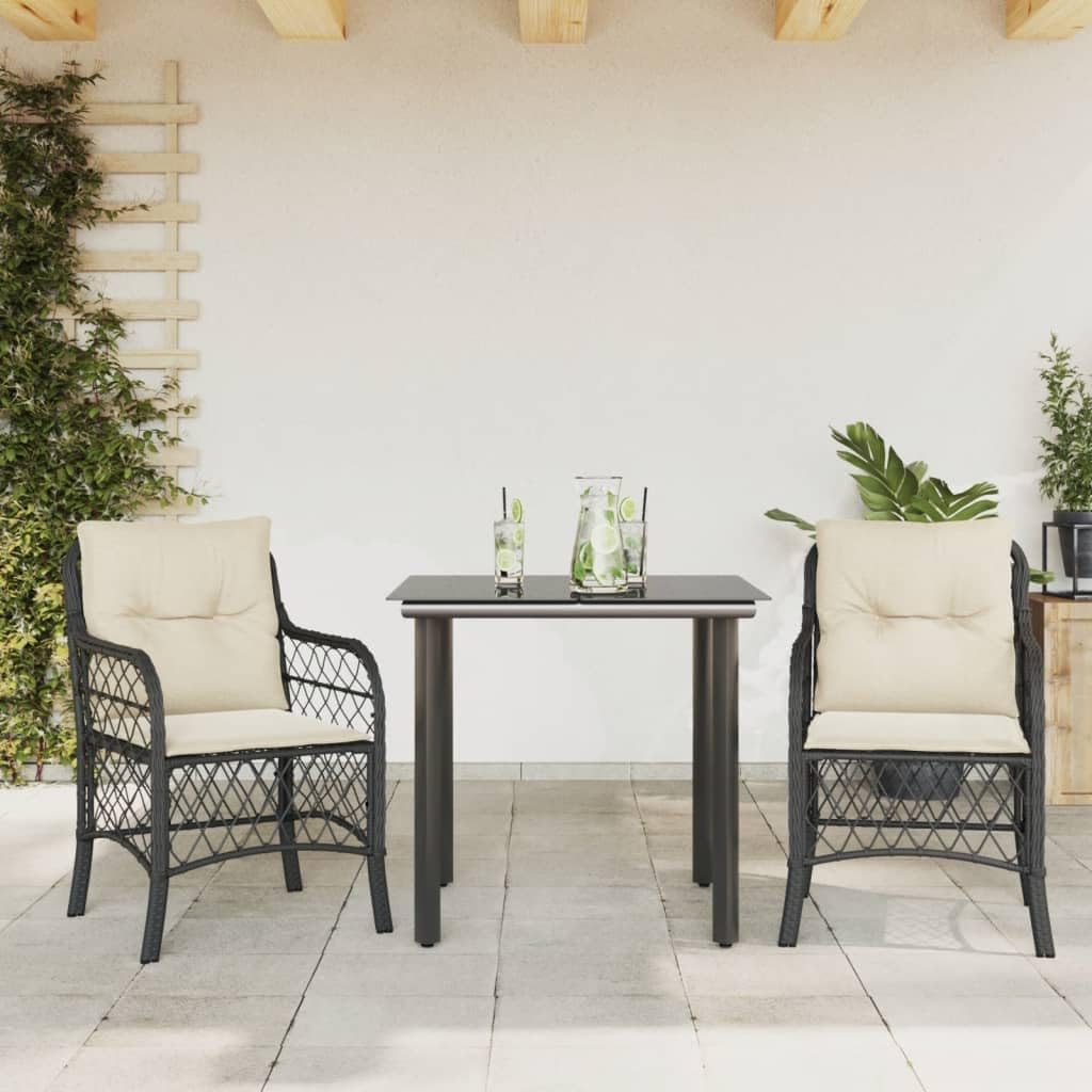 3 Piece Bistro Set with Cushions Black Poly Rattan,Comfortable Patio Bistro Set with Removable Cushions for Outdoor Relaxation Patio Furniture Sets, Outdoor Furniture Sets