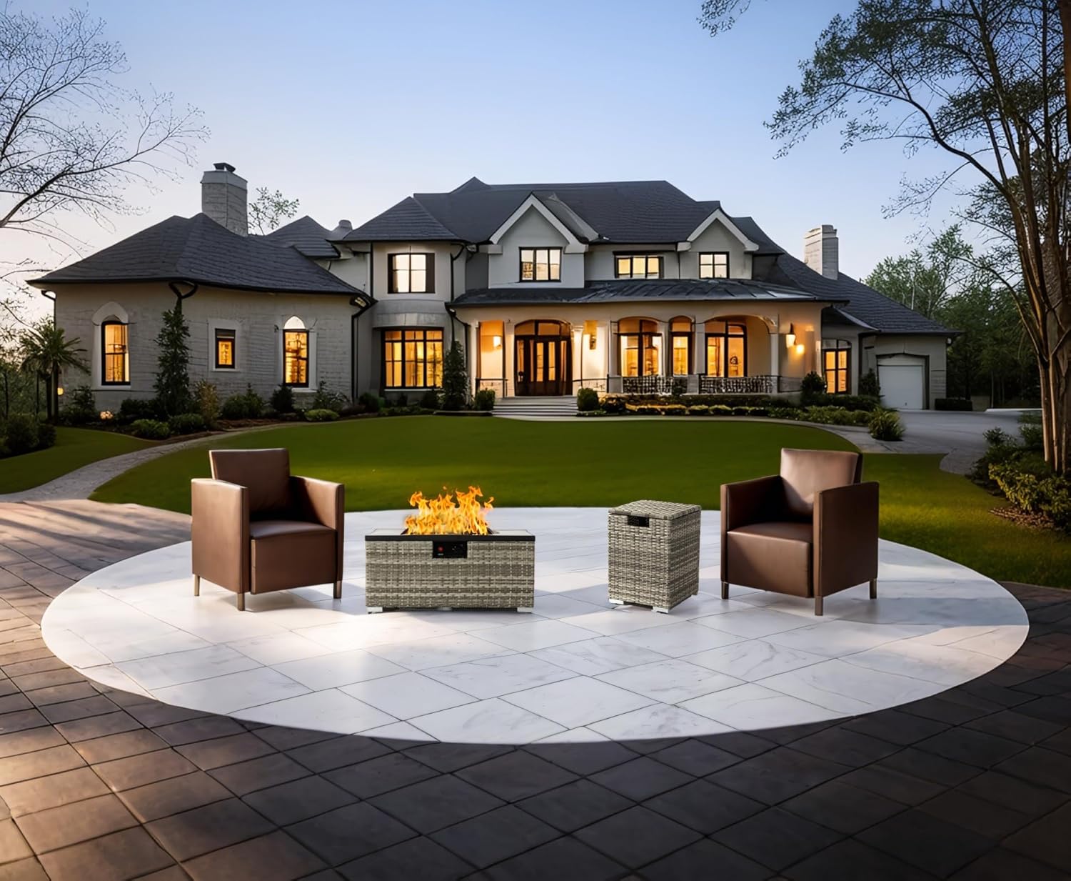 32in Gas Fire Pit Table Set, 50,000 BTU Propane Fire Pit Table Outdoor with Rain Cover, Hideaway Tank Holder Fits 20lb Tank, Gas Fire Pit for Outside w/Ceramic Tabletop and lid, Glass Rocks.