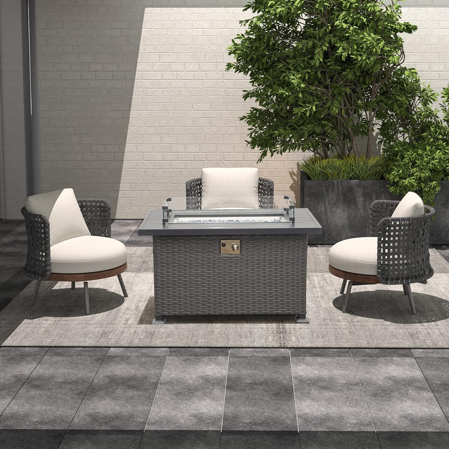 Domi 43in Propane Fire Pit, 50,000 BTU Gas Fire Pit Table with Lid, Glass Rocks, ETL Certification, Classic Firepit with Rattan Wicker Base and Wood Look Tabletop Drak Gray