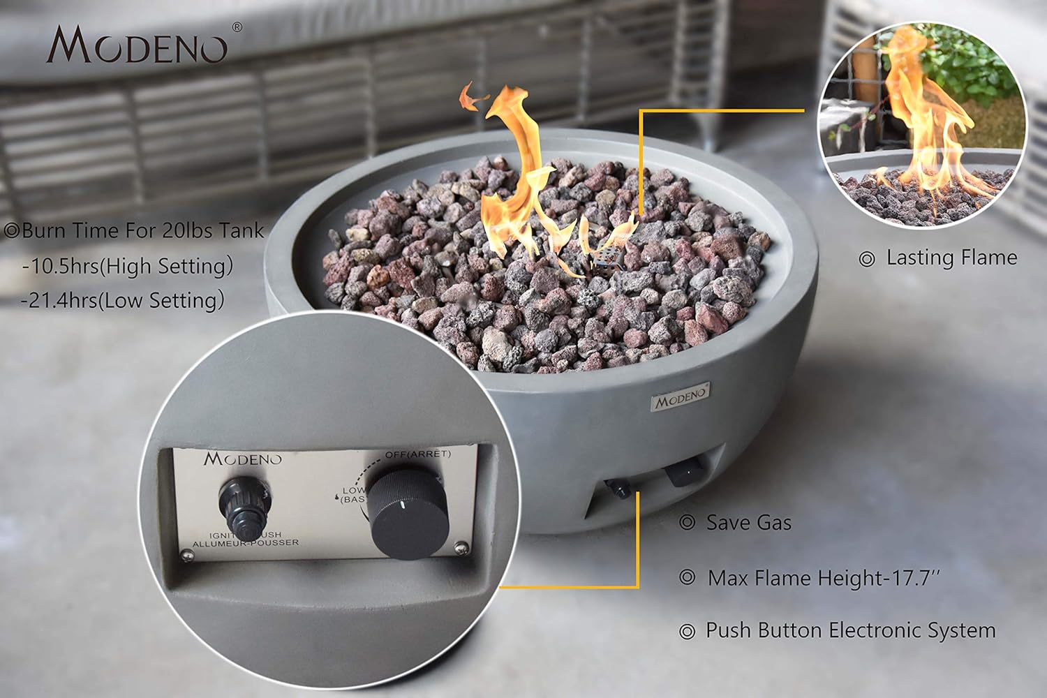 MODENO Outdoor Fire Pit Propane Garden Fire Bowl, 40,000 BTU CSA Certified Firepit，Auto-Ignition System Fireplace, Lava Rock&PVC Cover Included (26 x 26 x 14'', Grey)