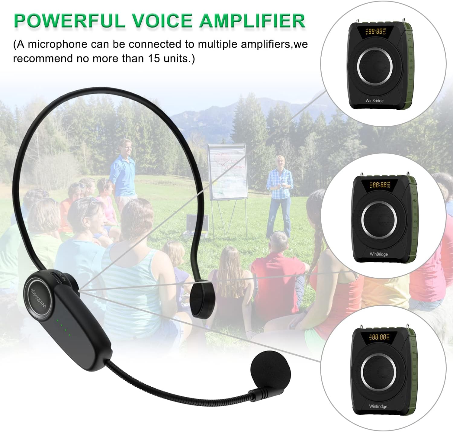 Bluetooth 5.0 Voice Amplifier with Wireless Mic Headset, Waterproof Personal Microphone Wireless Voice Amplifier, 20W Loudly Portable Megaphone PA System for Teachers, Safety Drills, Outdoors Indoors