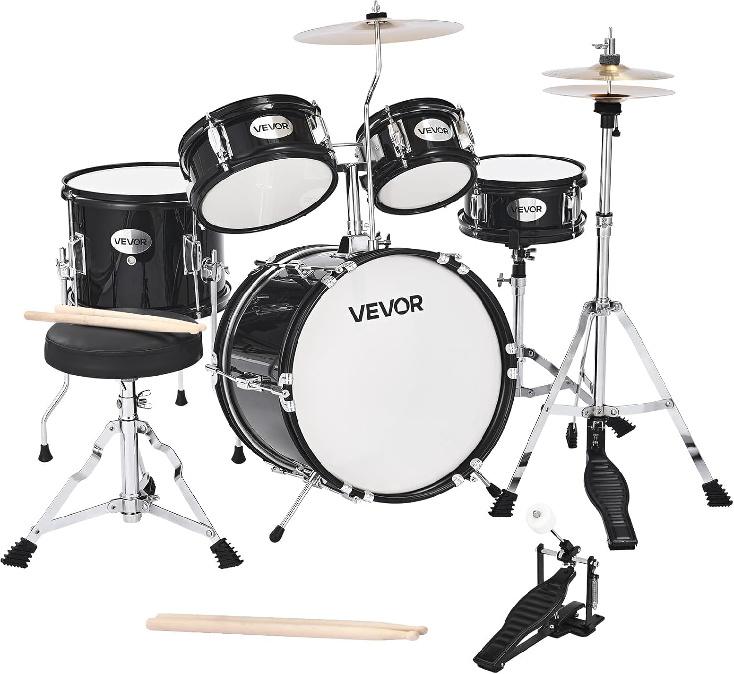 VEVOR Kids Drum Set, 5-Piece 14 in Junior Drum Sets, Beginner Drums Set with Adjustable Throne, Cymbal & Two Pairs of Drumsticks, Musical Learning Drums Instruments Kit, for Children Ages 6-13(Black)