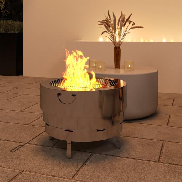 2-in-1 Stainless Steel Fire Pit Table with Grill, Portable Outdoor Fire Pit with Foldable Legs & Retractable Basin, Outdoor Heater Fire Bowl with Poker for Patio, Backyard, Camping, Silver Tone