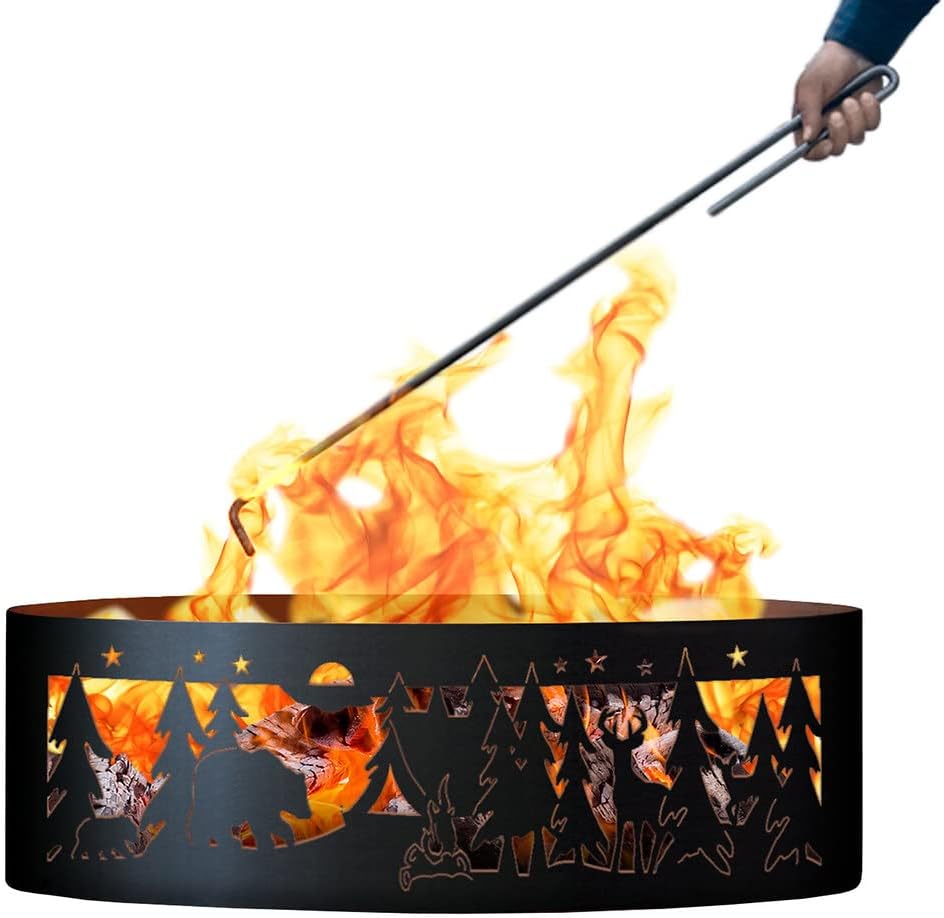 PD Metals NW00730-FP Northwoods Unpainted 12 in. Tall 30 in. Diameter Outdoor Fire Ring with Fire Poker - 30 x 30 x 12 in. - Rustic Black Color