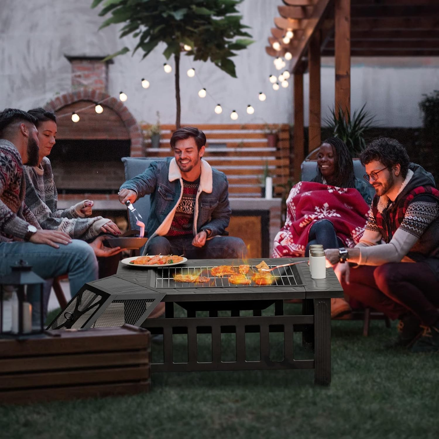 Tangkula 3 in 1 Outdoor Fire Pit, 32 Inch Square Steel Fireplace with Spark Screen, Log Grate, BBQ Grill, Poker, Rain Cover, Wood Burning Fire Pit Stove for Camping, Outdoor Heating, Bonfire