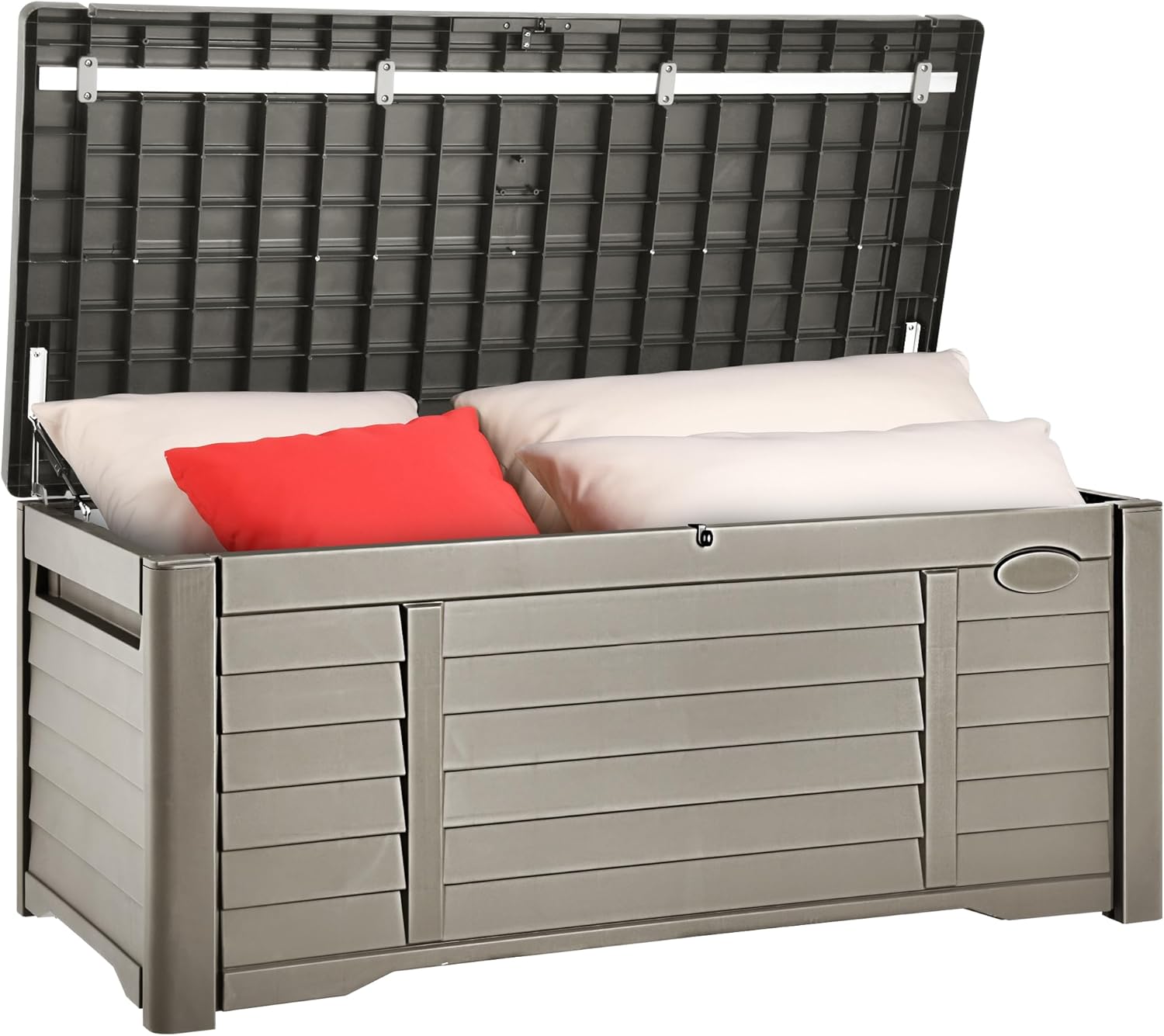 YITAHOME 120 Gallon Large Outdoor Storage Deck Box, Waterproof Cushion Storage Bench with Lockable Lid for Patio, Pool Supplies, Garden Tools, Resin, Taupe