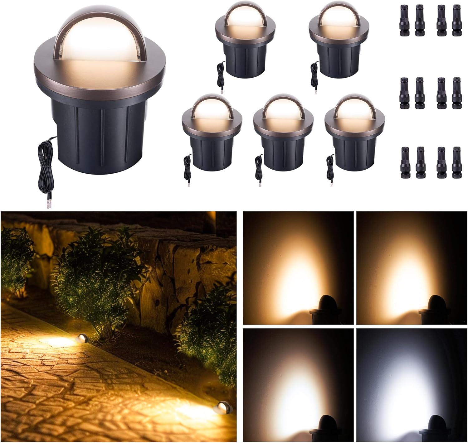 Landscape Well Light, Warm-White 5 Colors Selectable LED Low Voltage In Ground Lights, IP67 Waterproof 12V Outdoor, Single Side 6W 420LM Aluminum ORB for Pathway Lawn 6 Pack