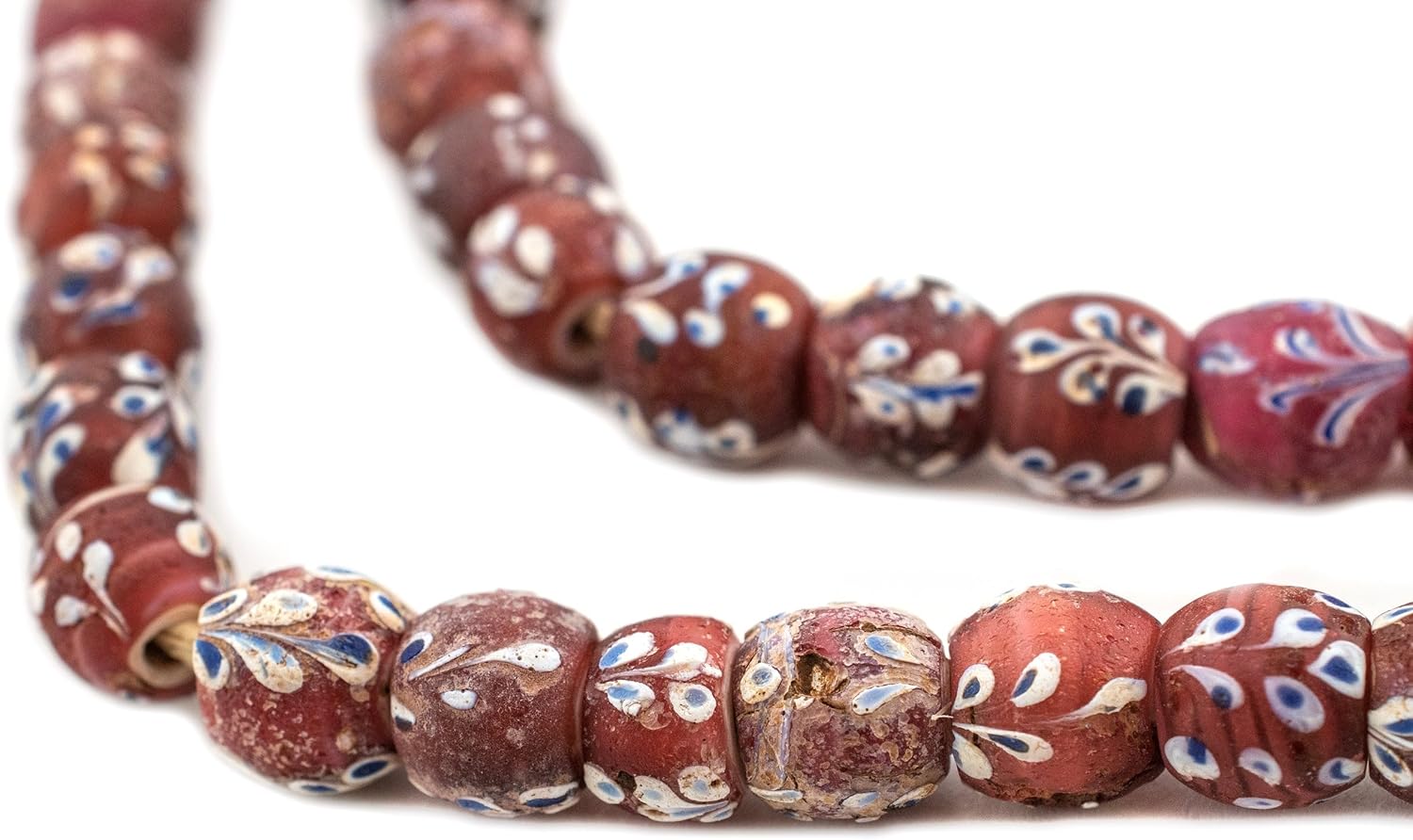 The Bead Chest Antique Venetian Flower White Heart Beads 11mm Ethiopia African Red Round Glass Large Hole 25 Inch Strand Handmade