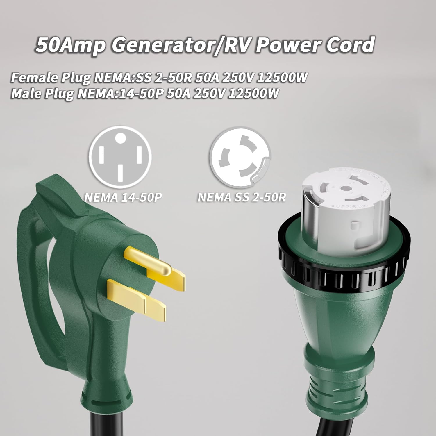 50 Amp Generator Cord, 25FT 50 Amp RV Extension Cord with Twist Lock, Generator Cable 50A 4 Prong Green, NEMA 14-50P/SS2-50R Heavy Duty STW Wire for RV Camper & House