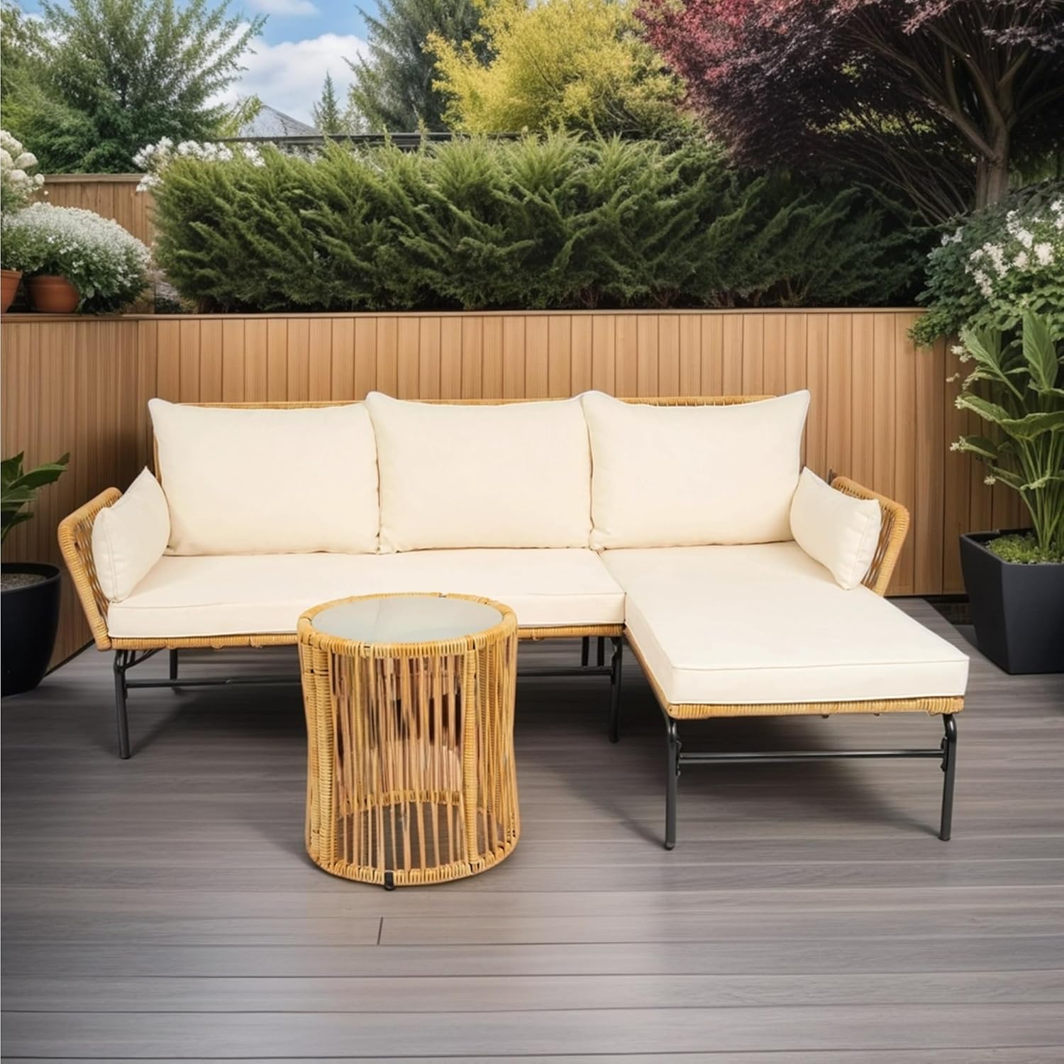 3 Pcs Outdoor Patio Wicker Furniture Sets Table and Chairs with 3.15 inches Thick Cushion Outdoor Sofa Set Natural Yellow Wicker + Creme Cushion