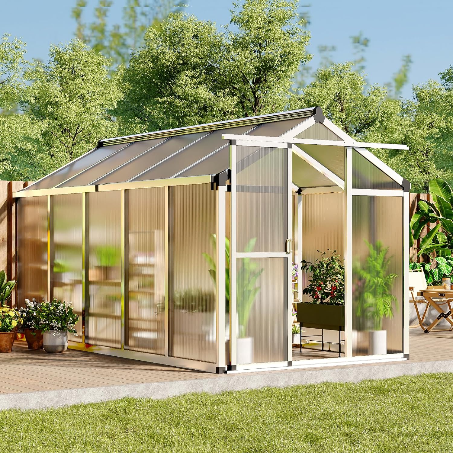 6X10FT Outdoor Greenhouse, Aluminum Polycarbonate Green House, Green Houses for Outside with Sliding Doors, Ajustable Roof Vent, Withstands Bad Weather for Garden, or Backyard, Silver
