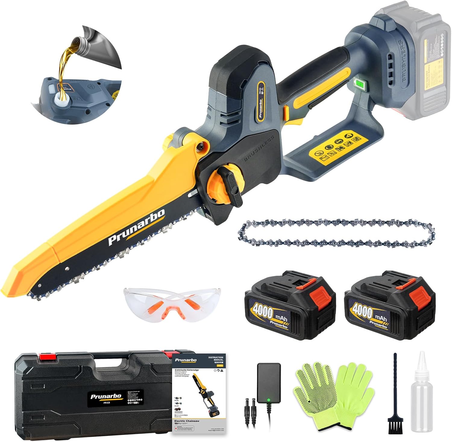 Mini Chain Saw Battery Powered 8 Inch, Hand Held Small Electric Chainsaw Cordless Compatible with Makita 18V Batteries Auto Oiler 8000mAh Lithium Cell for Tree Branch Wood Cutting PR-E8