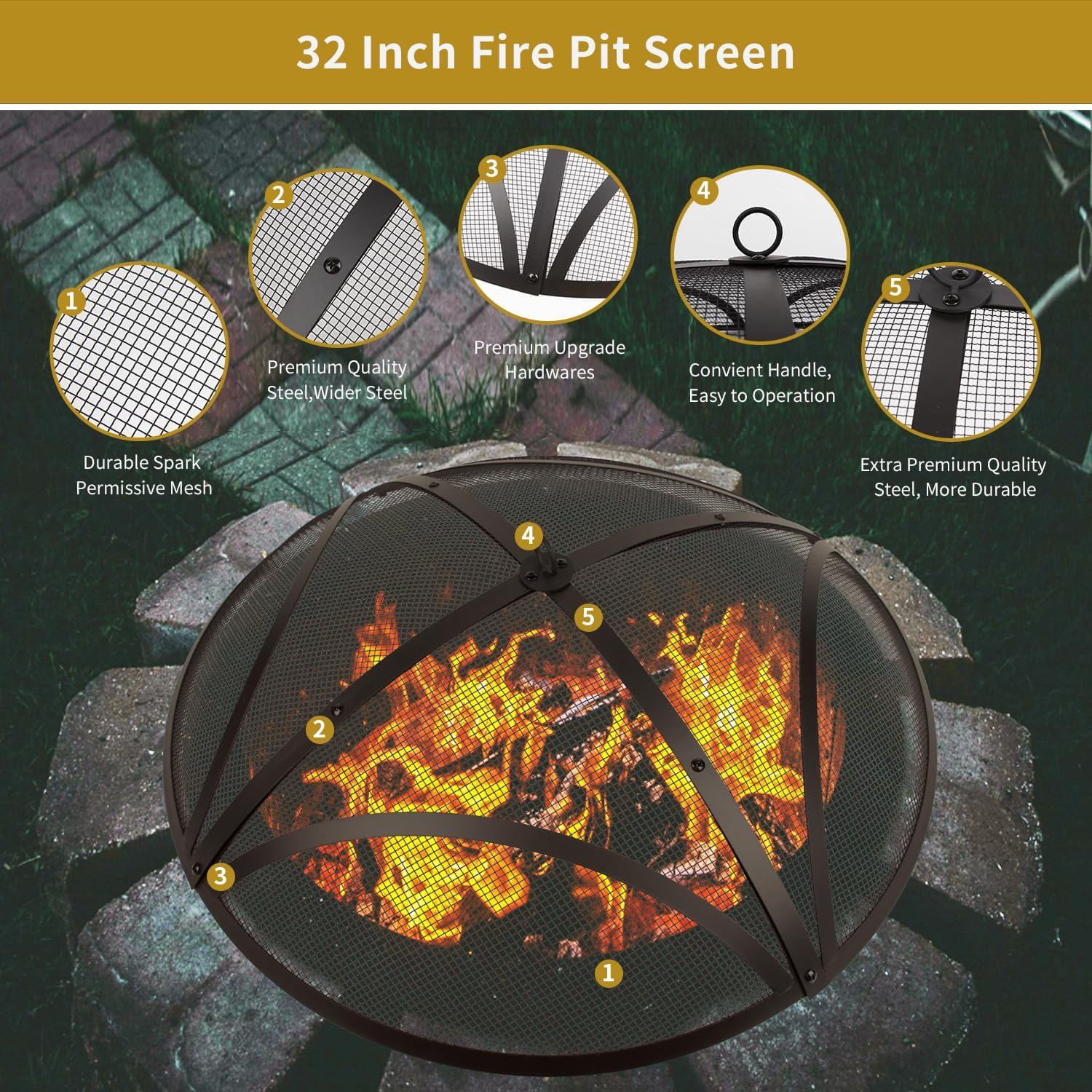 WeCooper 32In Reinforced Steel Round Fire Pit Screen Cover,Outdoor Patio FirePit Spark Screens,Heavy Duty Steel Mesh Fire Pit Ember Lid with Handle…