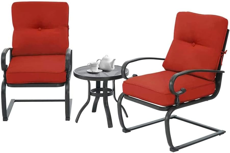 Incbruce Outdoor Furniture 3Pcs Patio Bistro Set, Springs Motion Chairs and Bistro Round Table Set, Metal Small Patio Conversation Set with Cushions (Red)