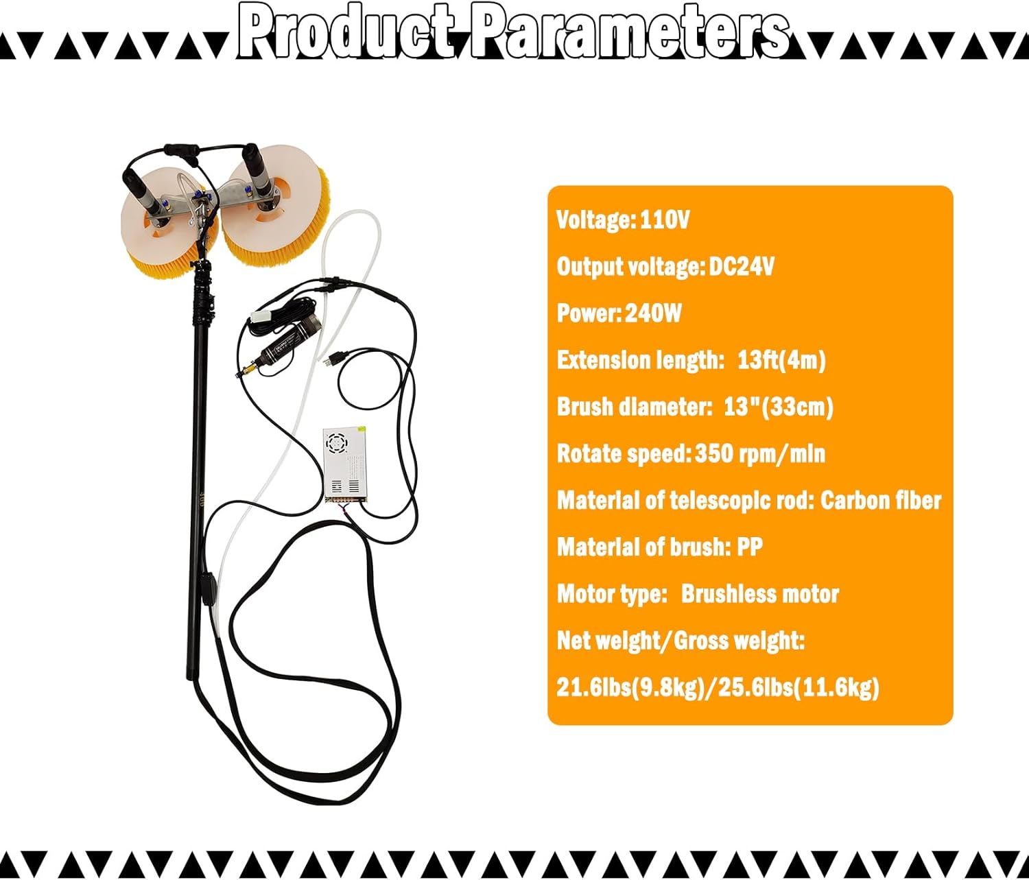 13FT Photovoltaic Cleaner Machine Double Head Solar Panel Cleaning Brush Telescopic Water Fed Pole Brush Solar Panel Cleaning Kit Stainless Steel Head 110V