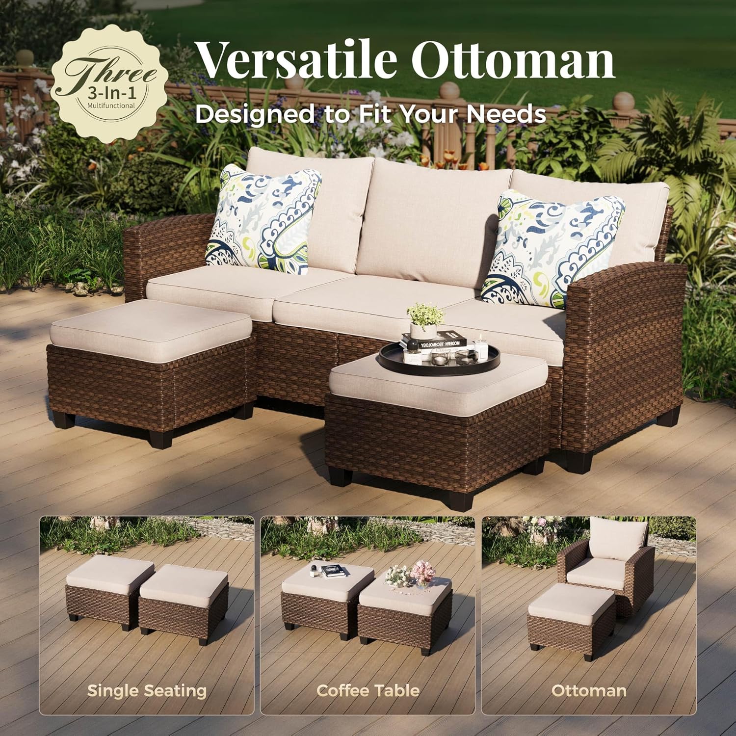 Patio Furniture Set, 7 Pcs Wicker Outdoor Conversation Set, 2 x Leg Chairs, 1 x 3 Seater Sofa, 1 x 2-Seat Lover Sofa and 2 x Ottomans with 4