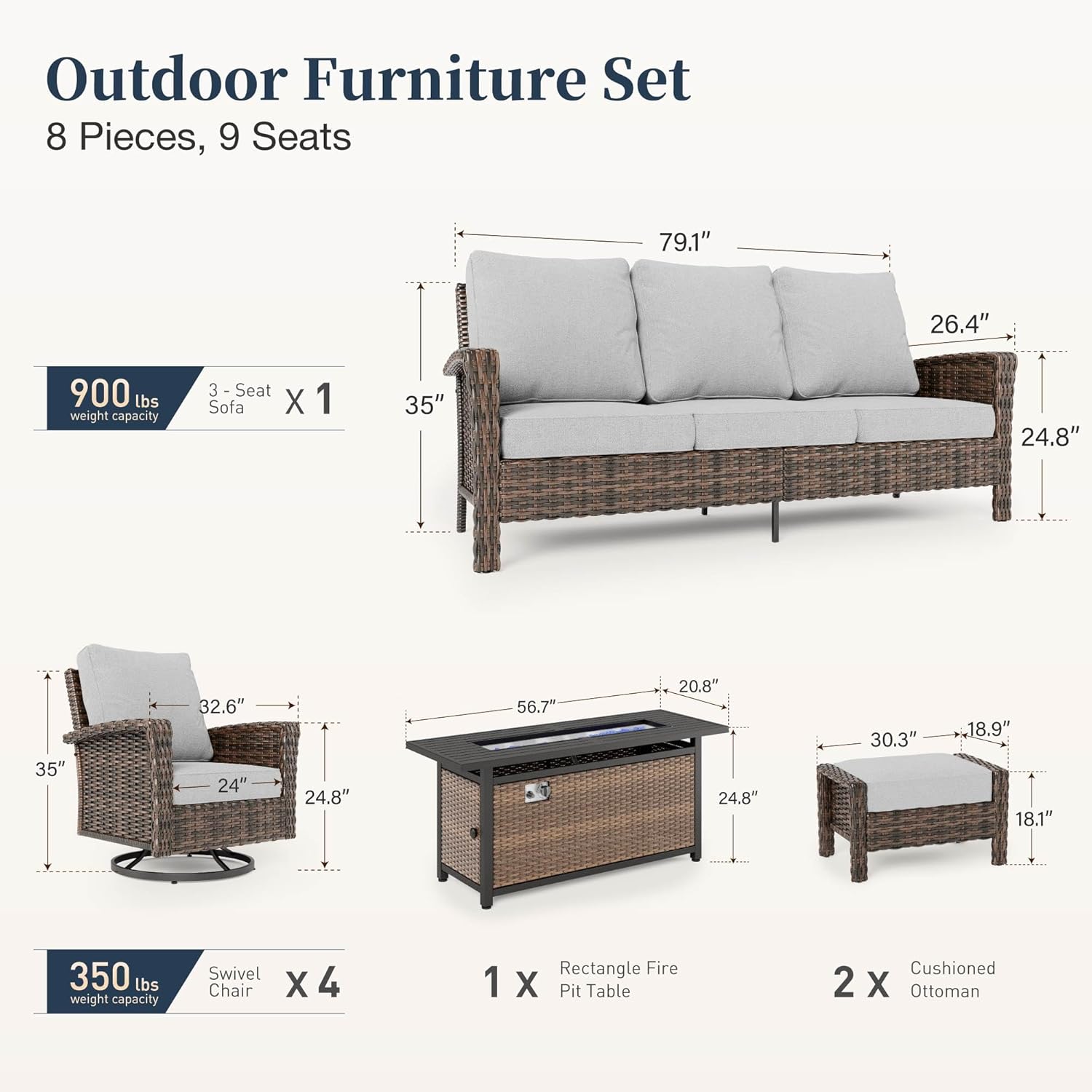 Patio Furniture Set with Swivel Chairs, High Back Wicker Rattan Set with 5.5