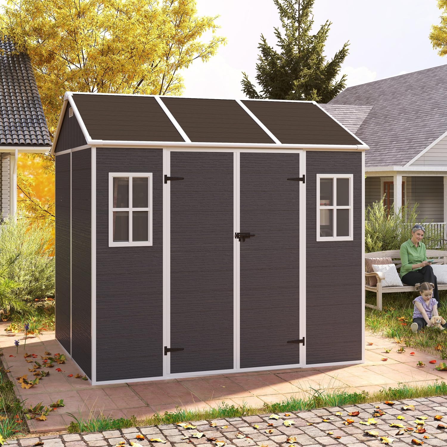 8 * 7ft Outdoor Storage Shed with Two-Window and Double-Door, Weather-Resistant Plastic Shed for Garden, Patio, Yard, Lawn (Dark Gray)