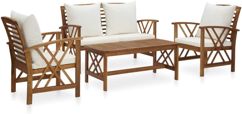 4 Piece Patio Lounge Set with Cushions Solid Acacia Wood,Acacia Wood Patio Lounge Set with Cream White Cushions for Outdoor Garden Relaxation Patio Furniture Sets, Outdoor Furniture Sets