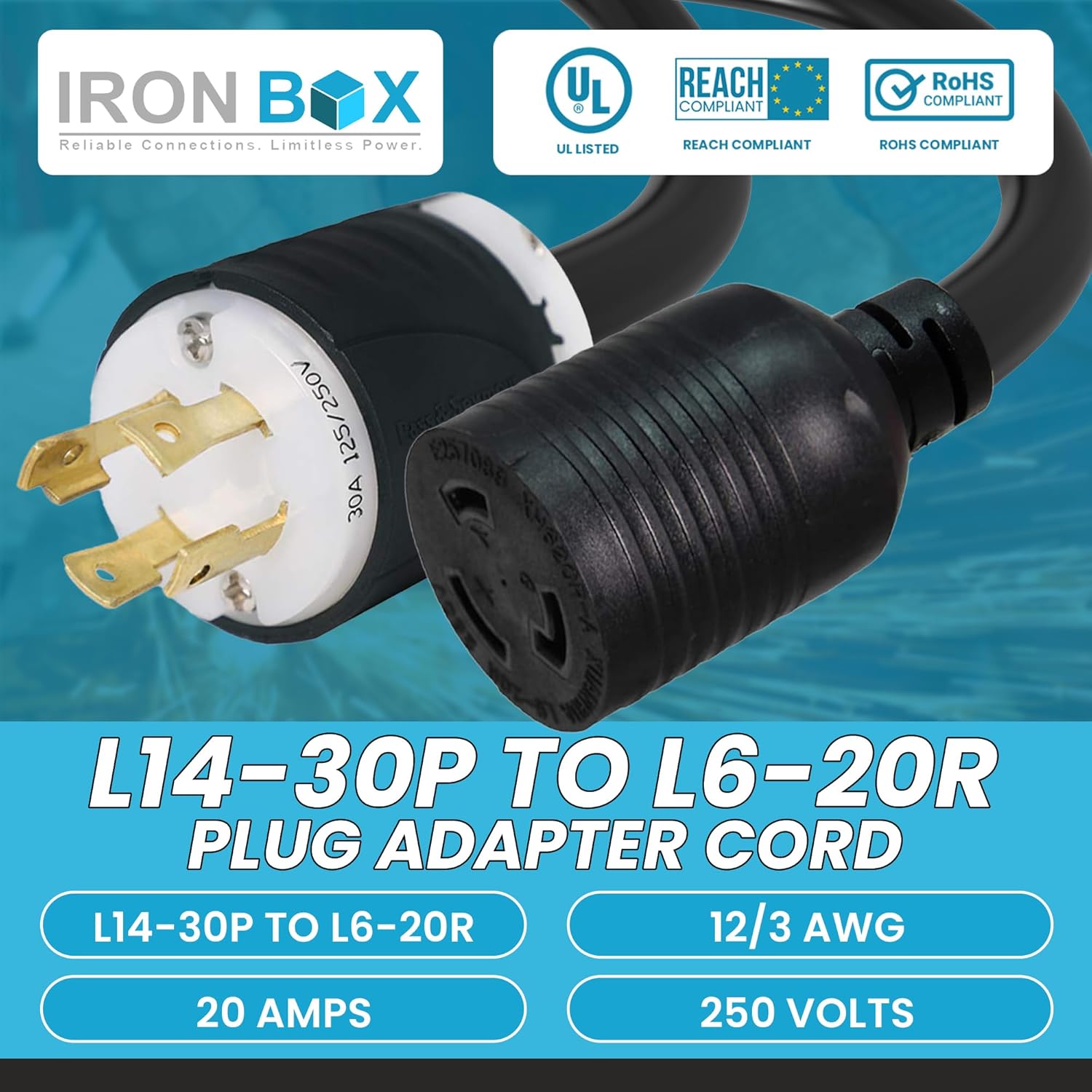 IronBox Electric - NEMA L14-30P to L6-20R Plug Adapter Cord - Rated for 20A, 250V - 12/3 AWG Wire - Power Cable for Generators, RV, Electrical Equipment - Ideal for Indoor/Outdoor Use (1 Foot, Build)