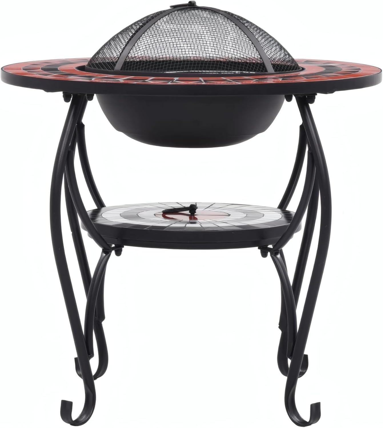Penau Mosaic Fire Pit Table Ceramic Top, Outdoor Patio Firepit with Steel Fire Bowl and Four Leg Stand, Terracotta and White, 26.8 x 26.8 x 23.6 Inchs, for Backyard Garden Deck