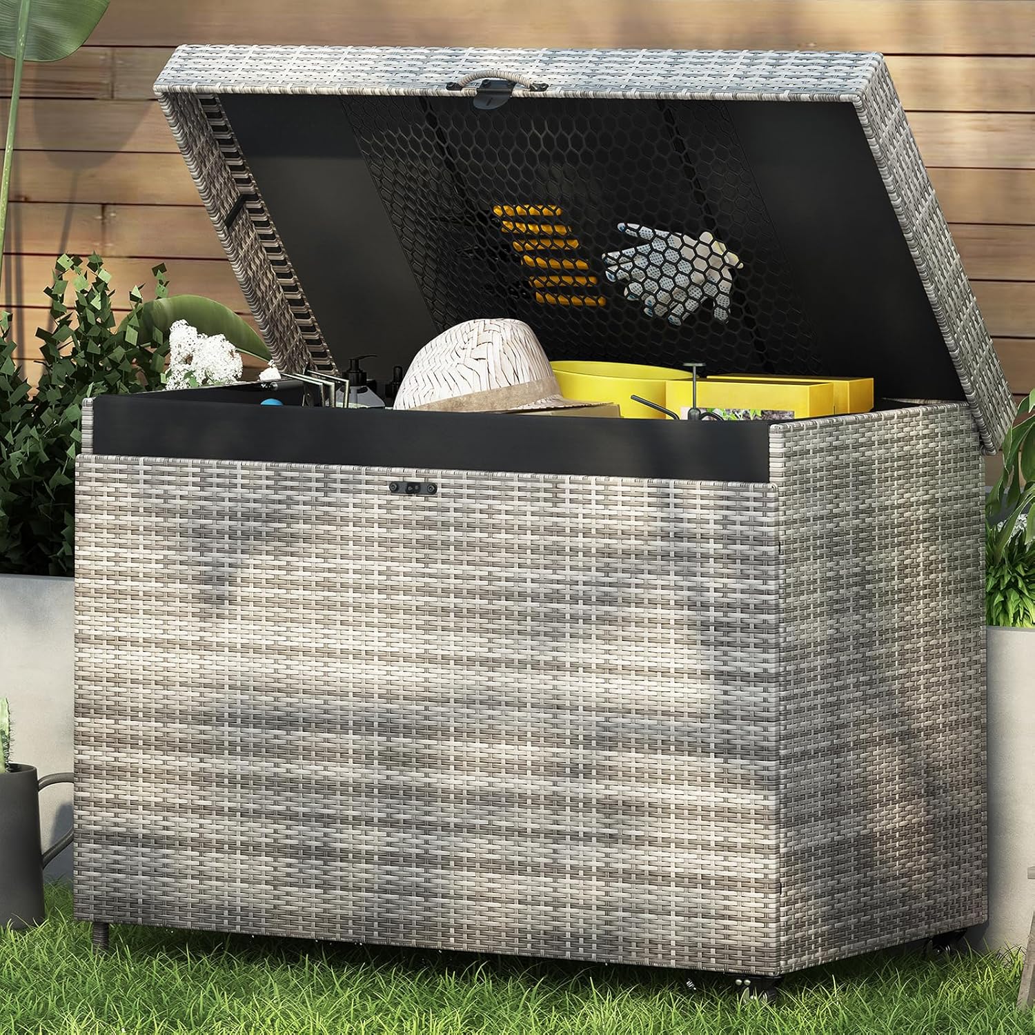 230 Gallon Wicker Deck Box with Wheels, Waterproof Storage Box for Patio Furniture Outdoor Storage Box Patio Cushion Storage, Outdoor Cushions, Pool Storage and Garden Tools, Grey