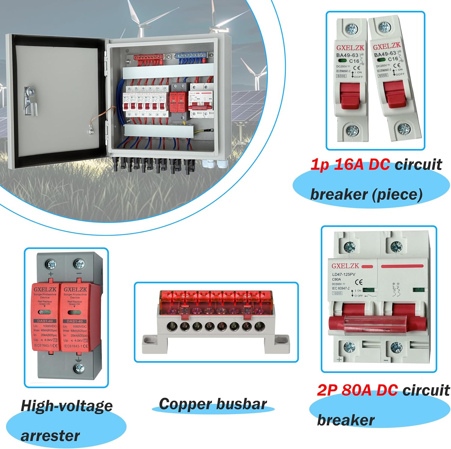 Hardcover 6 Strings Solar Combiner Box 80A DC Main Circuit Breaker with Power Surge and 16A Circuit Breaker This PV Combiner Box is Suitable for On/Off-Grid Solar Power