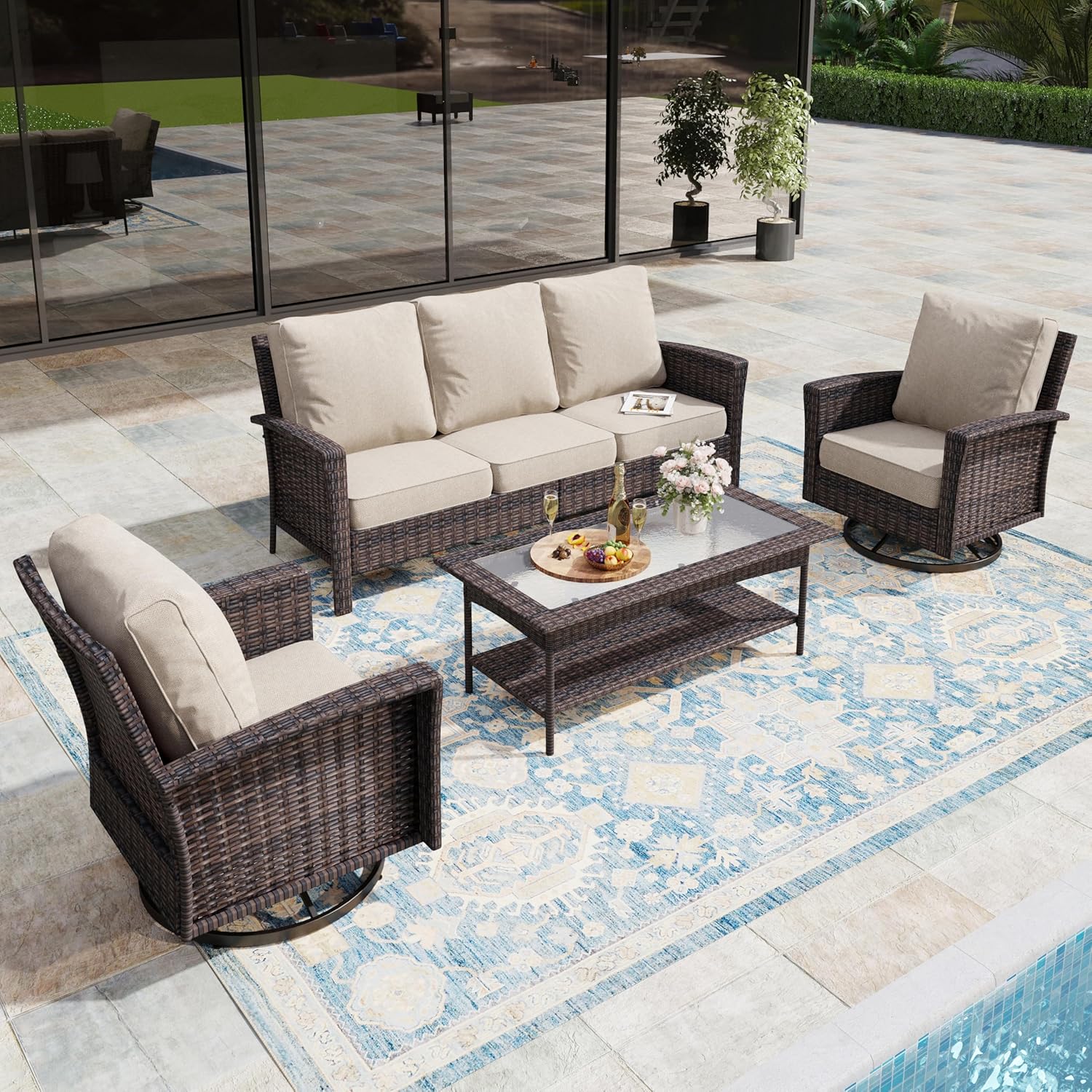 4-Piece Wicker Patio Furniture Set with Swivel Chairs, High Back Outdoor Sofa with 5.5-inch Thick Cushion, All-Weather Patio Table and Chairs Set for Deck Yard Pool, Beige