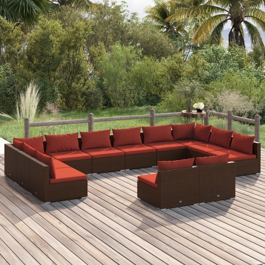 12 Piece Patio Lounge Set with Cushions Brown Poly Rattan, Patio Lounge Set for Leisure and Relaxation with Modular Design Patio Furniture Sets, Outdoor Furniture Sets