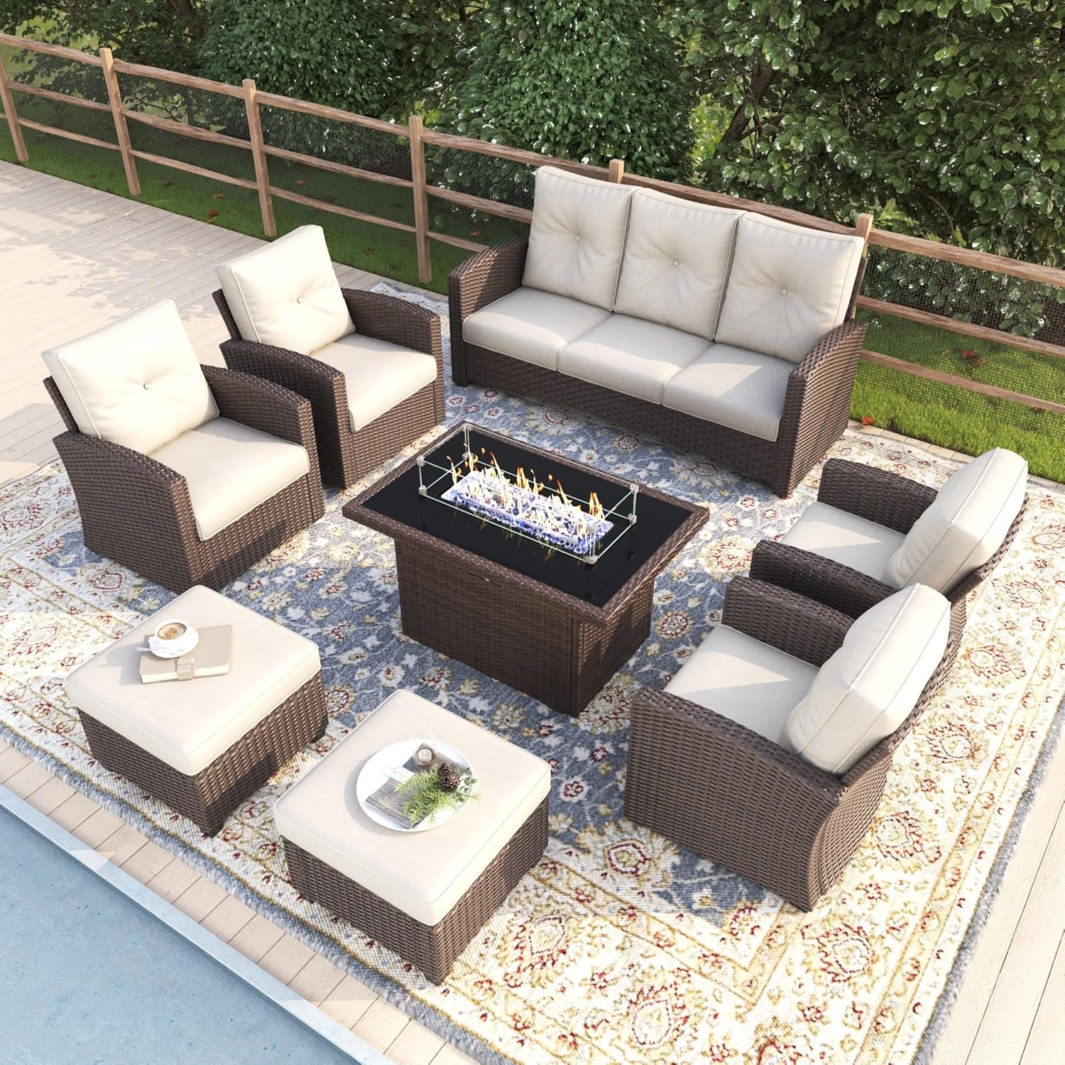 8 Pieces Patio Furniture Swivel Chairs Set with Fire Pit Table, Outdoor Wicker Glider Rocking Chairs with Sofa Set