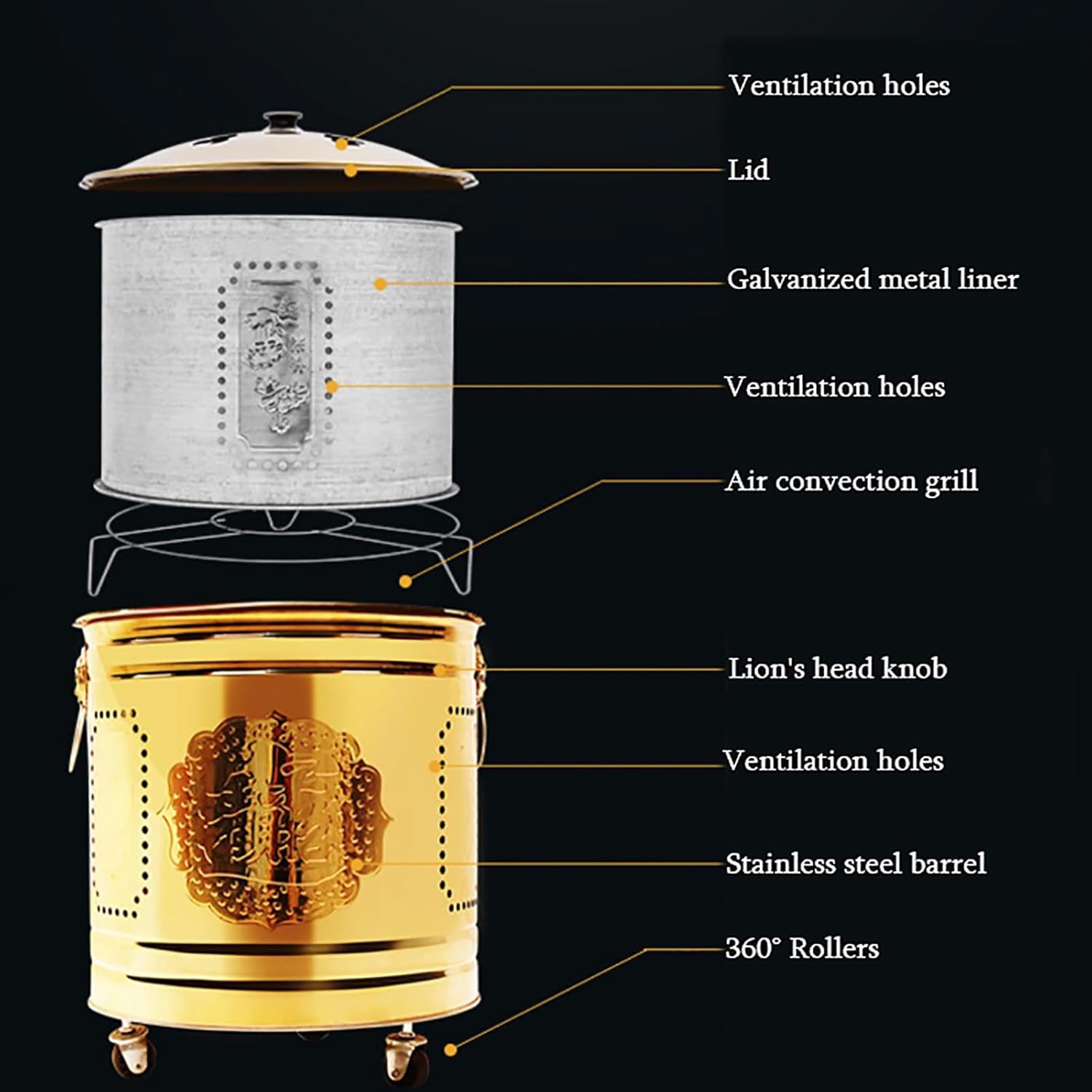 Stainless Steel Burn Barre with Bucket,Garden Incinerator Stove with Lid and Handle,Outdoor Smokeless Firepit,Burn Barrels for Outside for Paper Leaf Trash Wood