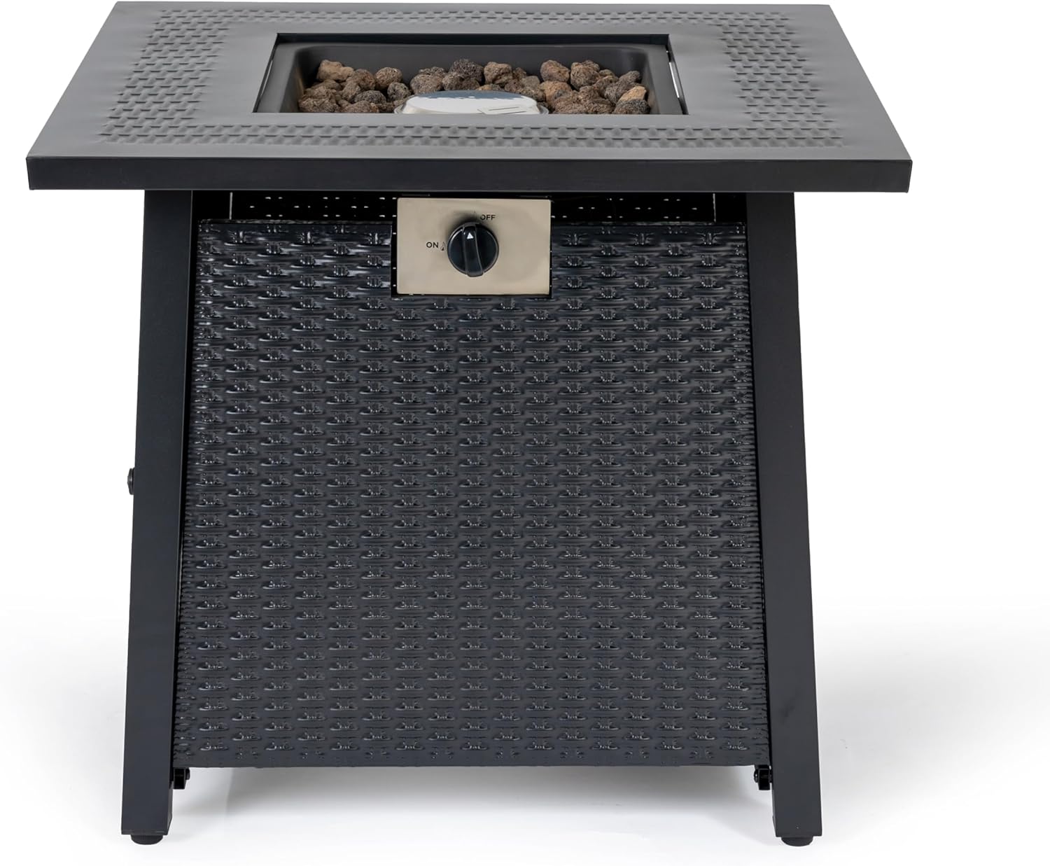 Outdoor Gas Fire Pit Table, 28-inch Square, Wicker Pattern Base, Black