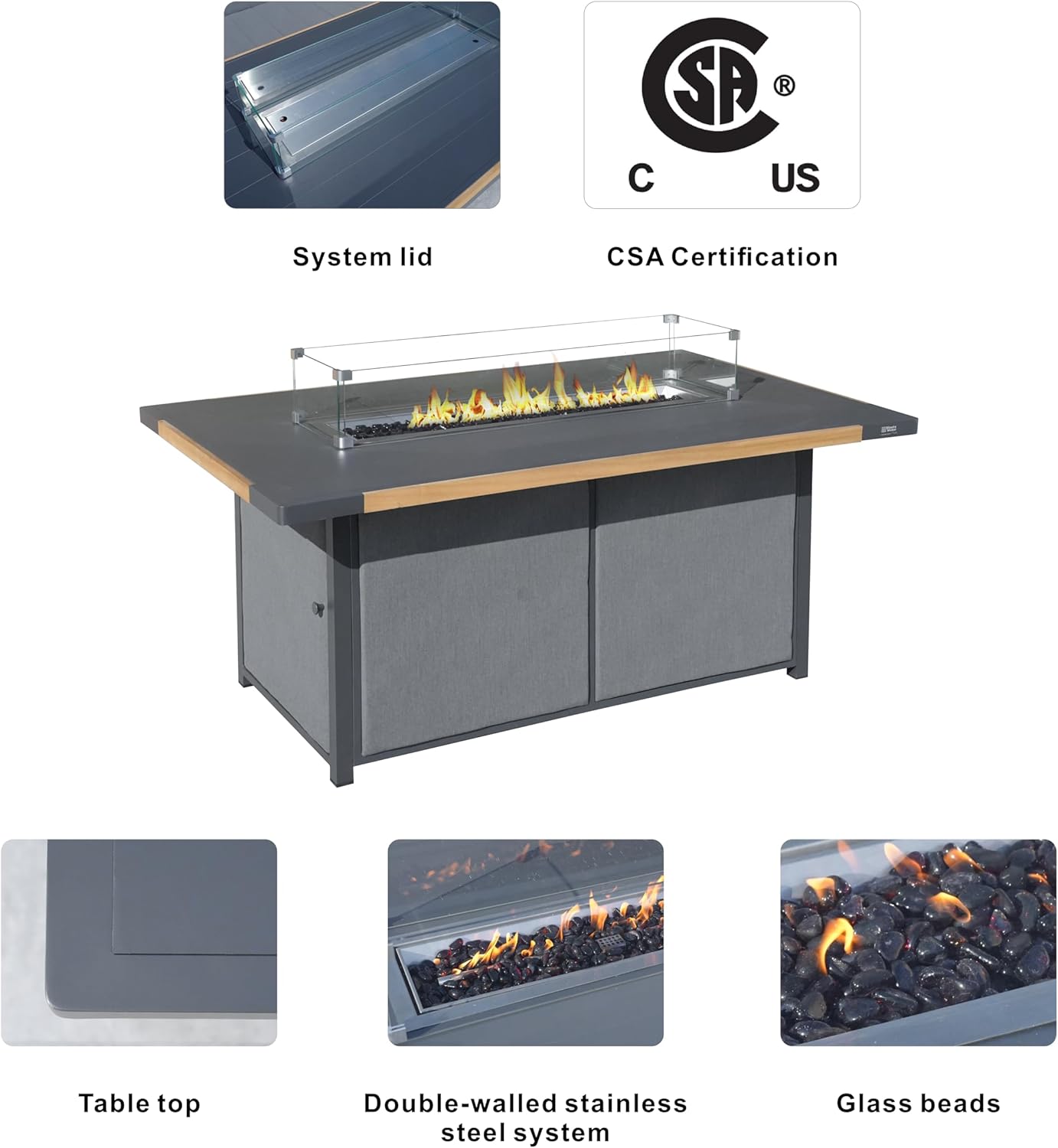 Outdoor Fire Pit Table with Glass Wind Guard, 63x39 inch Aluminum Table Top, Double-Walled Stainless Steel Burner, Weather Resistant