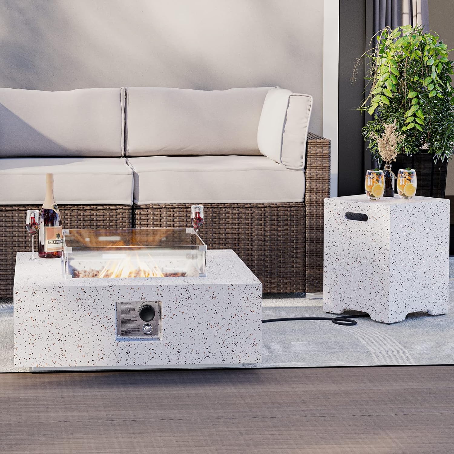 HOMPUS Outdoor Square Propane Fire Pit Table, 35''x12'' Fire Table w Wind Guard & 20lb Tank Cover Table, 50000 BTU Fire Pit w Free Waterproof Cover & Fire Stone for Patio, Garden, Colorful Terrazzo