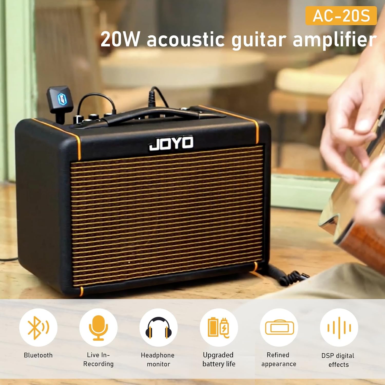 JOYO 20W Guitar Amp for Acoustic Guitar Built-in Bluetooth and Battery with Reverb Chorus Delay Effect for Practicing and Outdoors (AC-20S)
