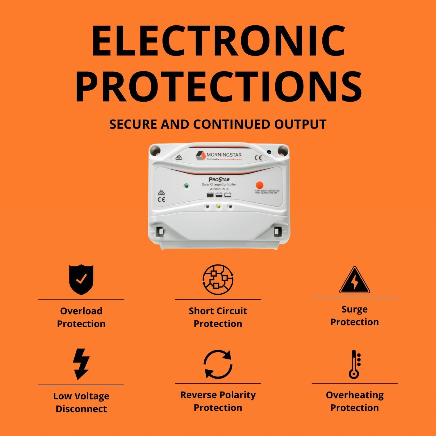 Morningstar Prostar 30A PWM Solar Charge Controller (PS-30) - Intelligent Solar Panel Regulator, Supports 12V/24V LA/Lithium Batteries, LVD/Lighting Control, HazLoc Rated, Low Noise - Designed in USA