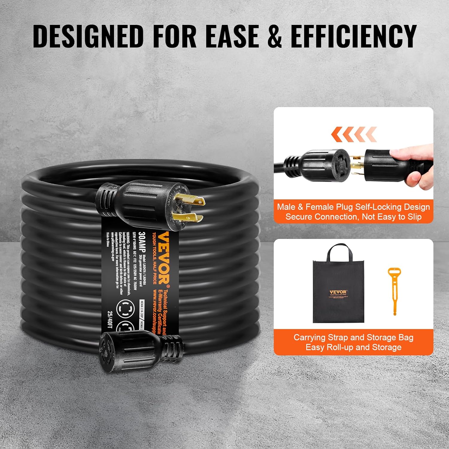 VEVOR 30 Amp Generator Cord and Power Inlet Box Kit, 25 FT Generator Extension Cord NEMA L14-30P/L14-30R STW 10 AWG with Twist Lock Connector, Pre-Drilled Inlet Box, ETL Listed