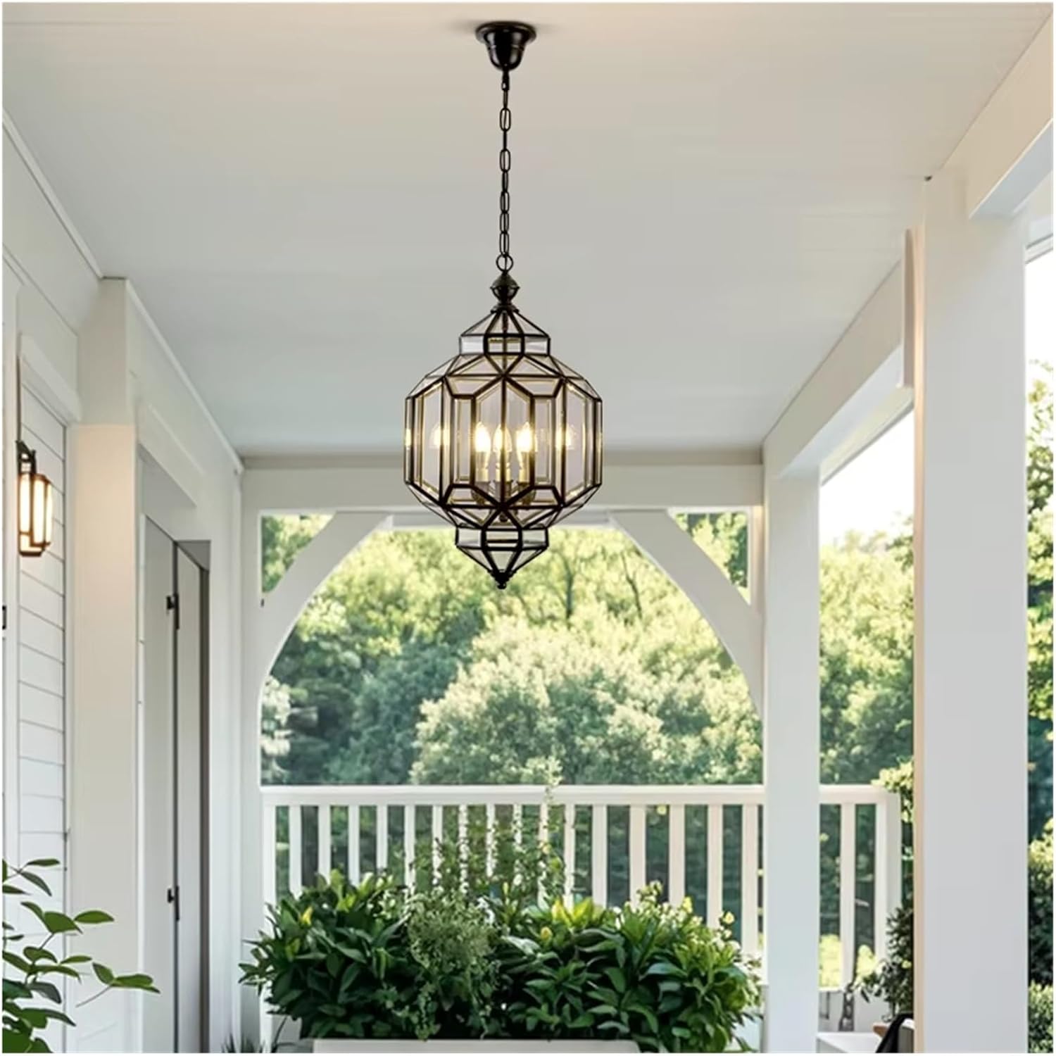 Brass Outdoor Chandelier Waterproof Black Finish Hanging Lamps Porch Balcony Pendant Light, Contemporary