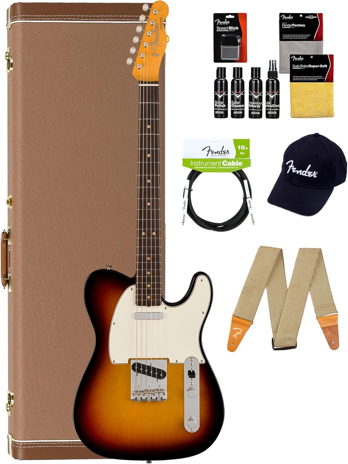 Fender American Vintage II 1963 Telecaster - 3-Color Sunburst Bundle with Case, Hat, Strap, Cable, and Guitar Cleaning Kit