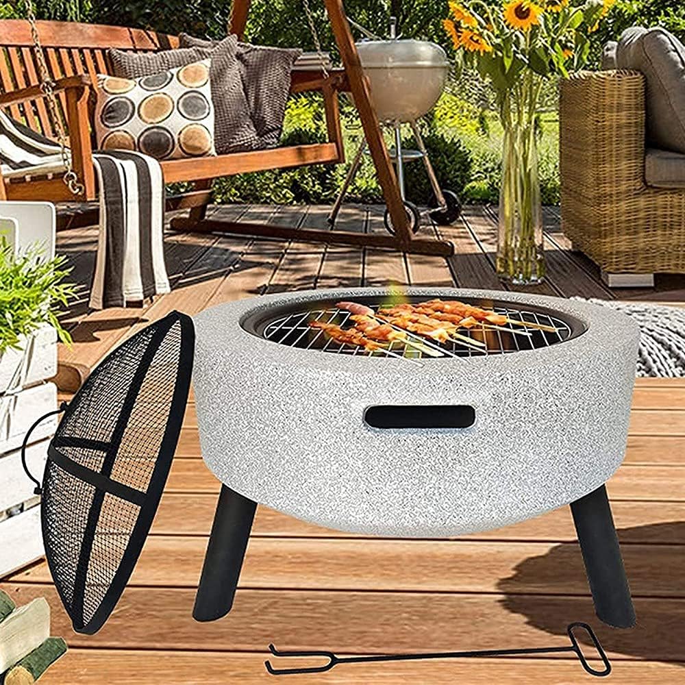 Multifunctional Fire Pit Table, Firepit Table for Outside, Concrete Fire Table Magnesium Oxide Base with Spark Screen, Fireplace Poker Grate for Outdoor Patio Garden