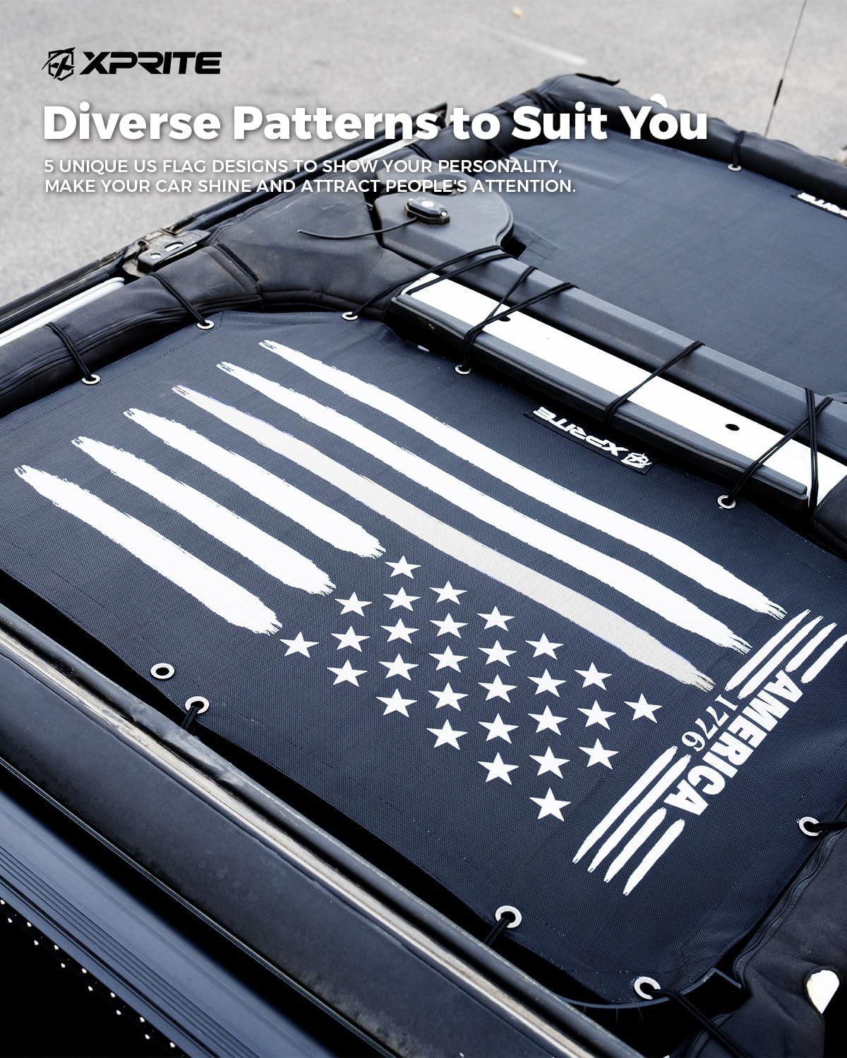 Xprite US Flag Sunshade for 2018-2025 Jeep Wrangler JL 4XE, 4-Door Front & Rear Sun Shade Mesh Top, 2PCS UV/Wind/Noise Blocker, Bikini Top Cover for Off-Road Jeep Accessories