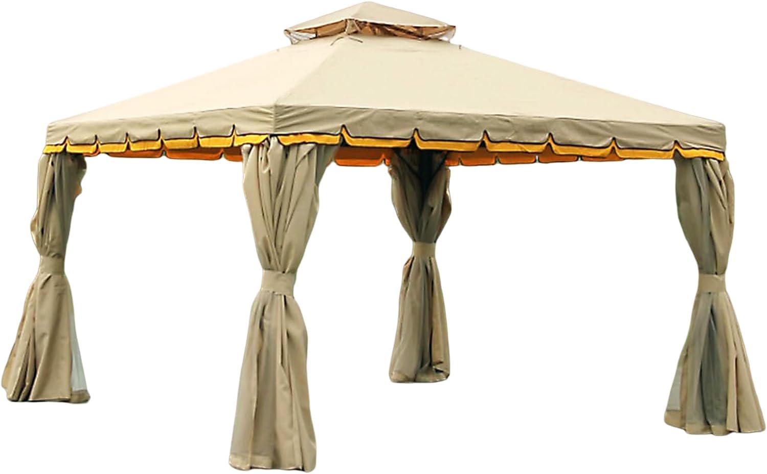 10 * 10ft Outdoor Garden Gazebo, Double Roof Patio Gazebo, with Netting & Curtains, Heavy Duty Outside Gazebo Canopy Shelter, for Garden, Lawn, Deck, Backyard, Khaki