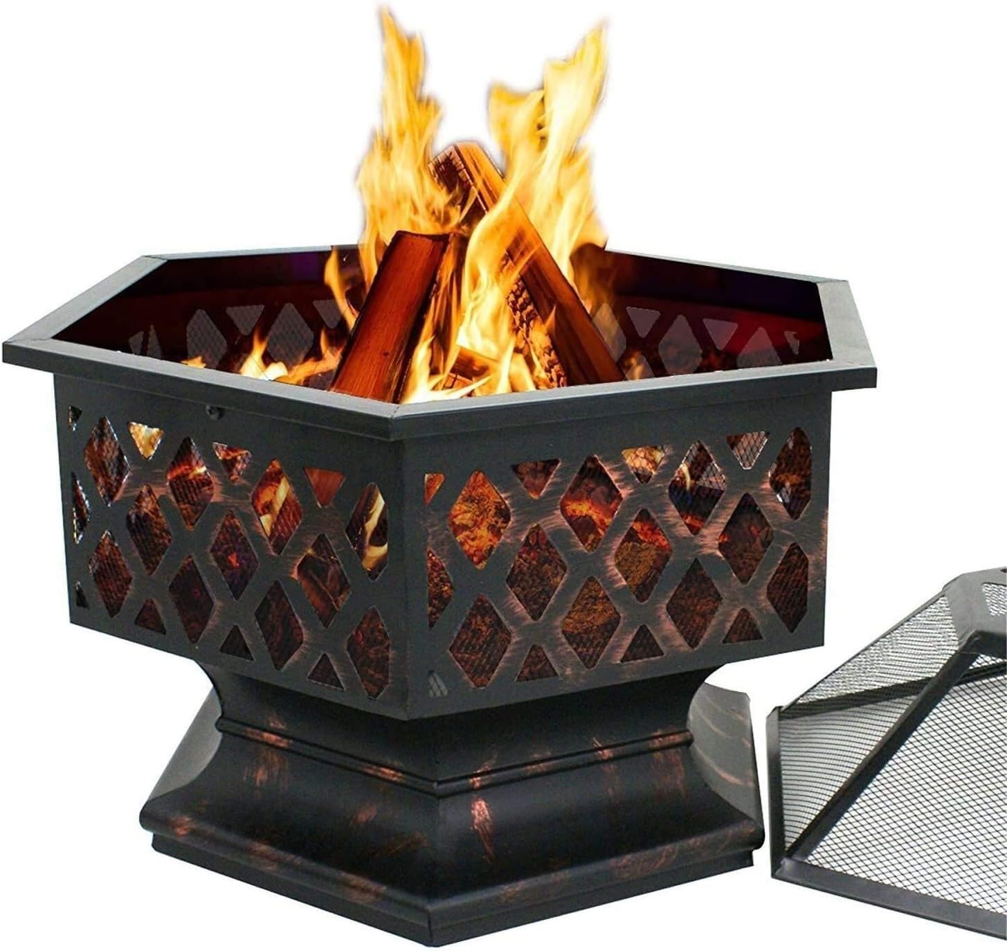 Outdoor Fire Pit 25-Inch Outdoor Fire Pit with Mesh Screen and Poker Hex Shaped Metal Wood Burning Bonfire Pit for Outdoor Camping