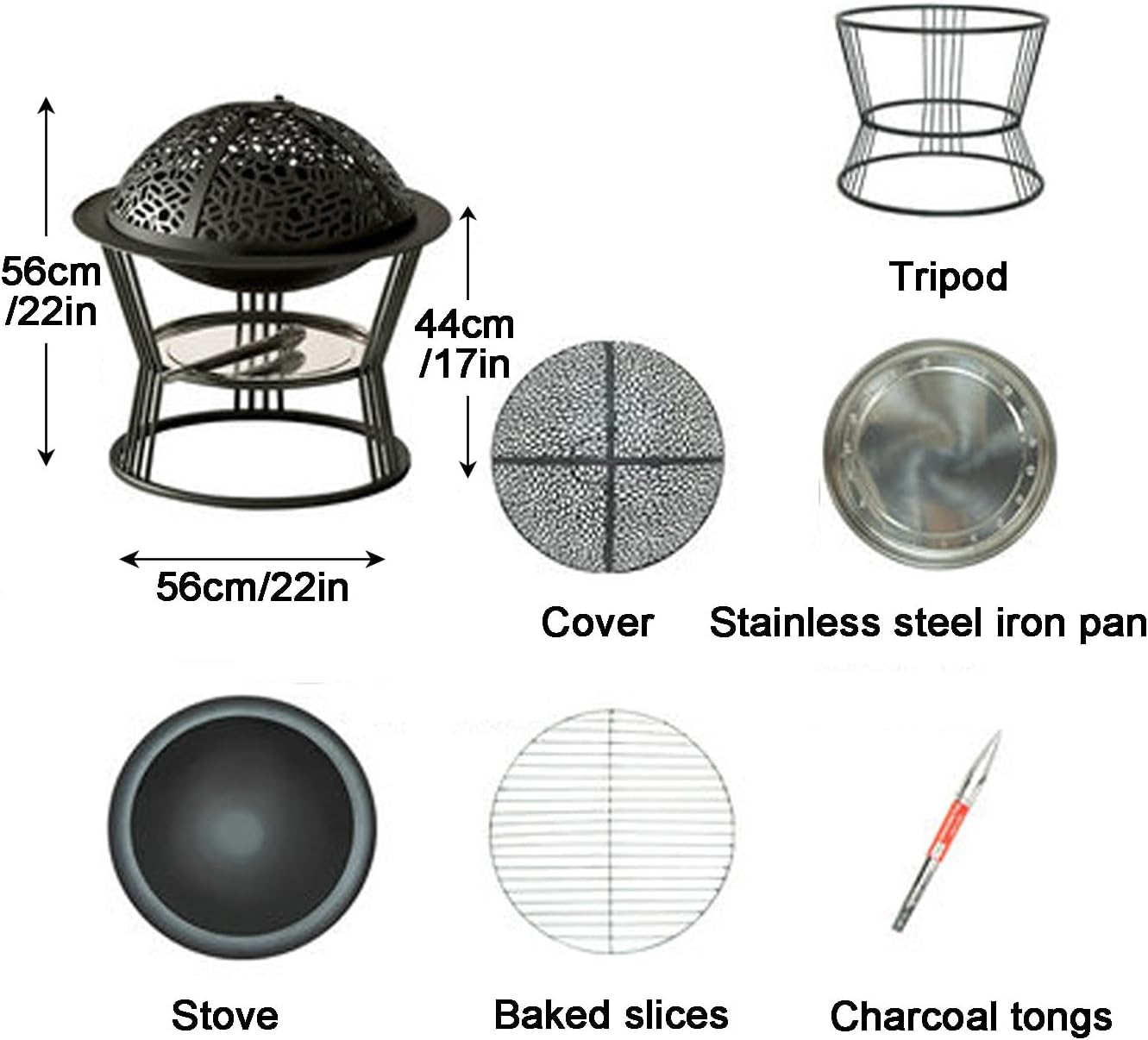 Bonfire Stove with Spark Screen, Chiminea, Fire Pits for Outside Wood Burning,Incinerator Burn Barrel, Applicable to Burning Backyard, Patio, Garden, Beaches(Black,56cm/22in)