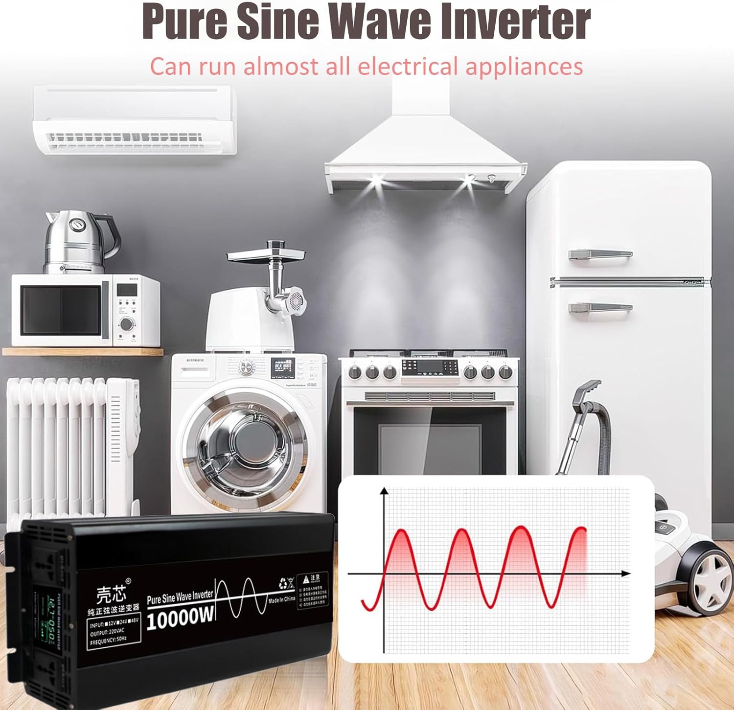 Pure Sine Wave Inverter 4500W/7000W/10000W Power Inverter 12V/24V/48V to 110V/220V DC to AC Converter Car Voltage Converter for RV Camping Car and Home Solar System,10000W-24V