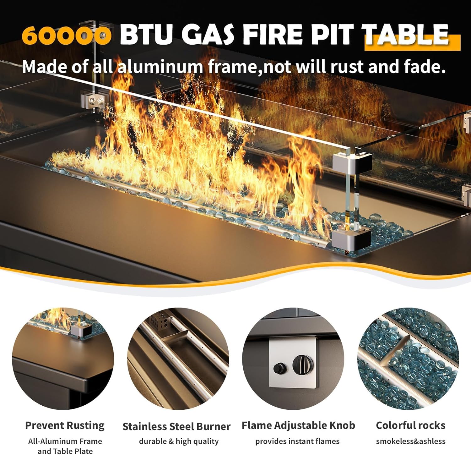 Amopatio Aluminum Patio Furniture Set with Fire Pit, 8 Pcs Metal Patio Sofa Couch Sets with Aluminum Fire Pit Table, Modern Outdoor Furniture with 6