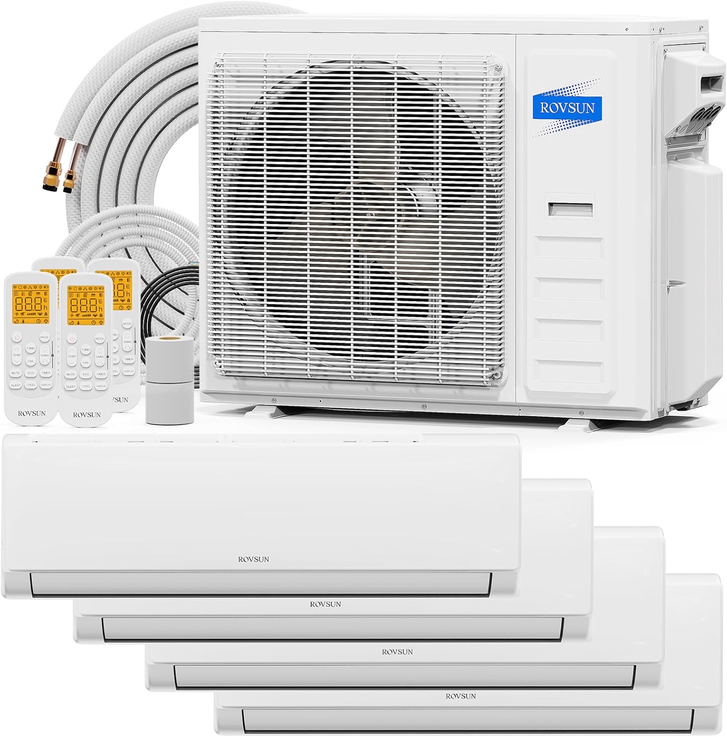 ROVSUN 4 Zone 35000 BTU (9K+9K+9K+9K) Mini Split AC/Heating System, 19 SEER2 Quad Zone Ductless Wall Mounted Air Conditioner with Pre-Charged Condenser, Heat Pump & 25Ft Line Set, 208-230V