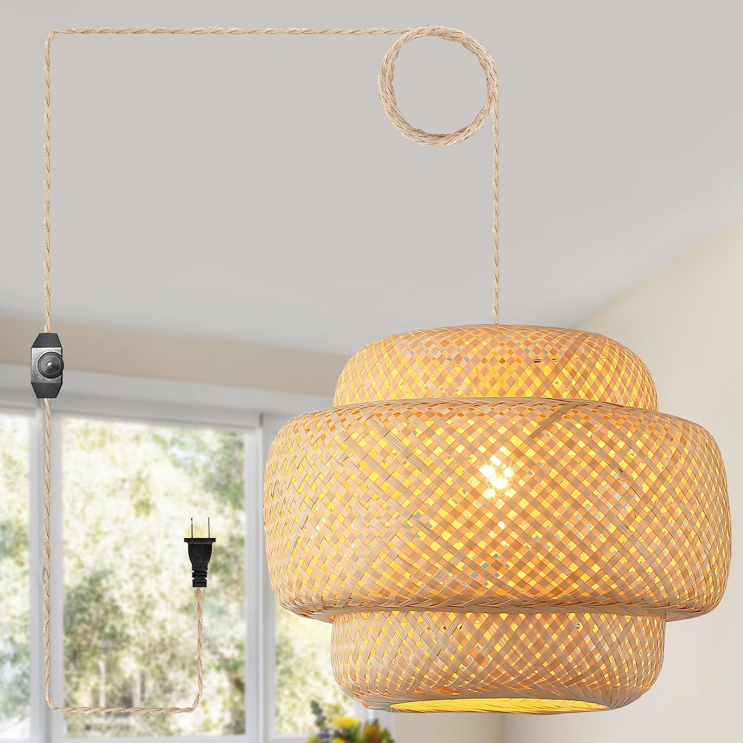 Bamboo Large Plug in Pendant Light with 14ft Handmade Woven Light Cord, Dimmable Switch, Boho Basket Handmade Woven Hanging Lamp for Kitchen Island Farmhouse Dining Room Living Room,16 inch Width