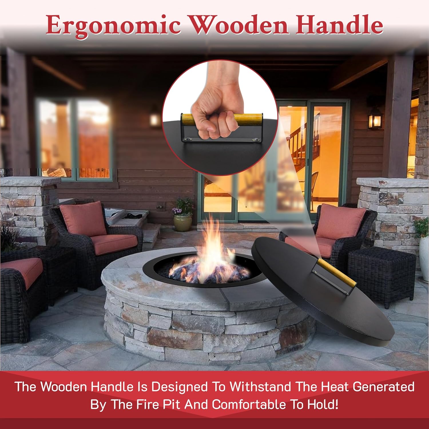 30” firepit lid round for inside up to 28” gas fire pit lid for Outdoor Fireplace Cover Lid - Steel fire pit metal cover with Wooden Handle & Powder Coated Snuffer Lid for Round Patio Fire Pit Ring